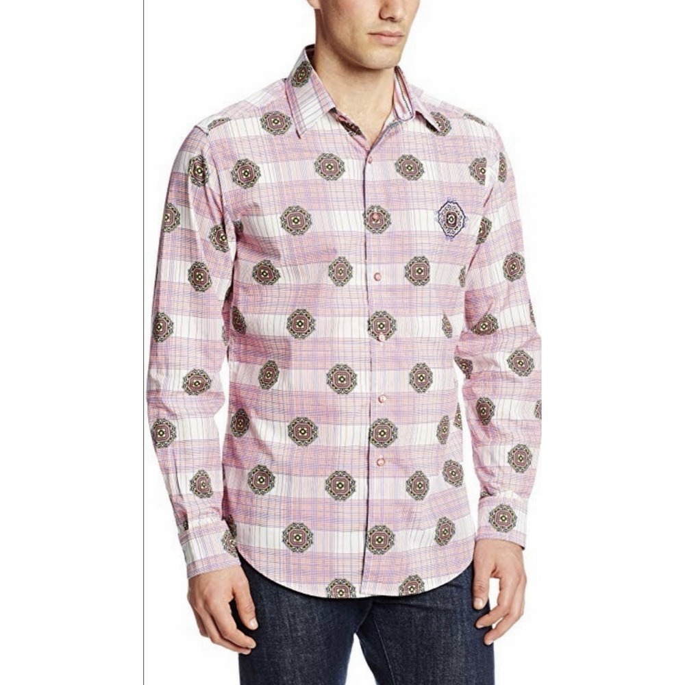 Robert Graham Button‎ Down Rose Multicolor Plaid Shirt 2XL Flip Cuff Embroidered